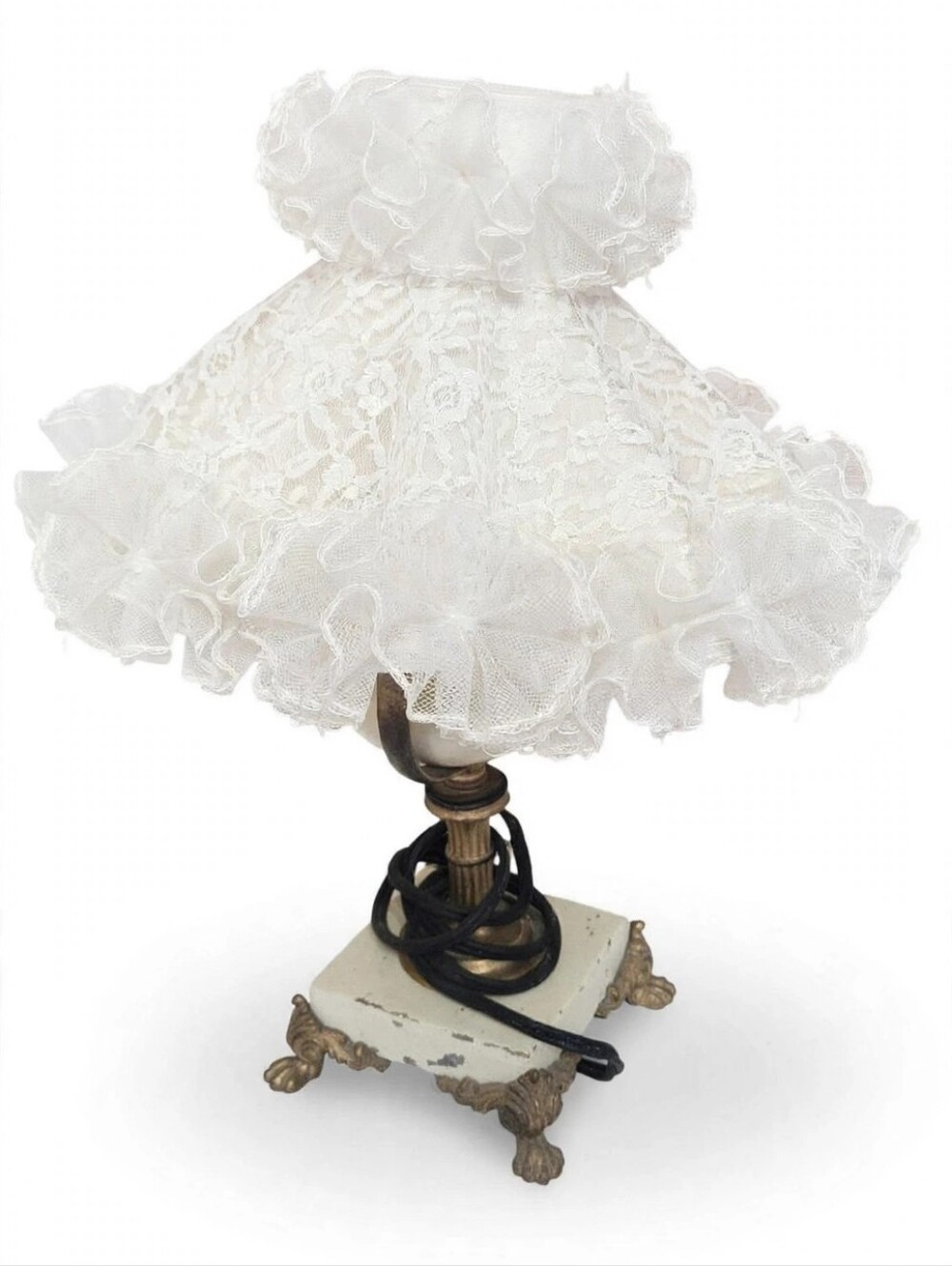 Vintage Boudoir Lamp White Milk Glass Urn Brass Claw Foot Lace Ruffled Shade